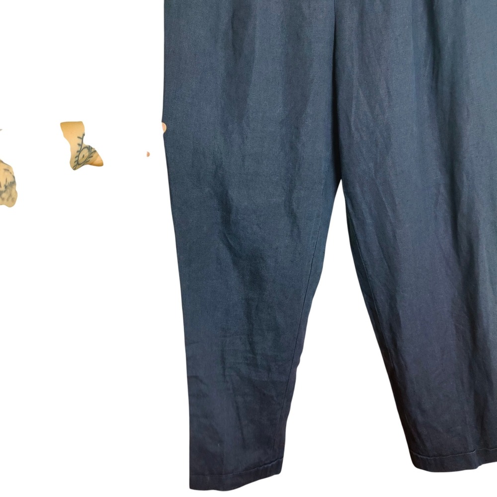 Vintage 90s 100% Linen Trousers High Waisted Balloon Navy Pleated 10 Minimalist - Picture 4 of 10